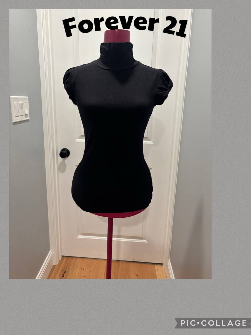 Forever 21 Black Short-Sleeve Mock Neck Top with Puff Shoulders